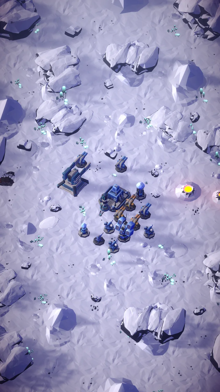 The current Roverhold permanent base with evolved blue and gold defenses in Main Menu