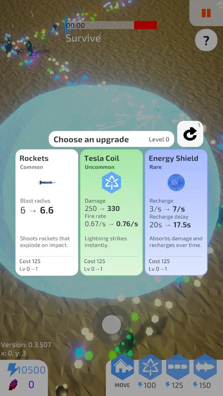 The in-game choice of Rockets, Tesla Coil or Energy Shield upgrades
